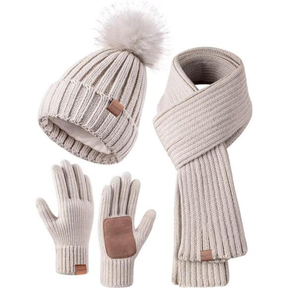 Winter Beanie Hat Scarf Gloves Set for Women, Womens Beanie with Pom Pom Long